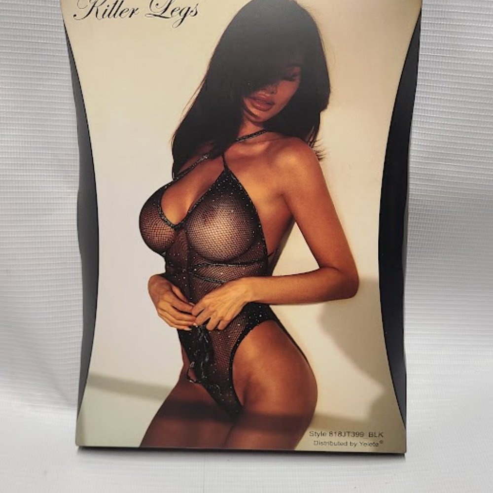 Killer Legs Silver Sparkle Fishnet Bodysuit with Wraparound Straps - Picture 4 of 5